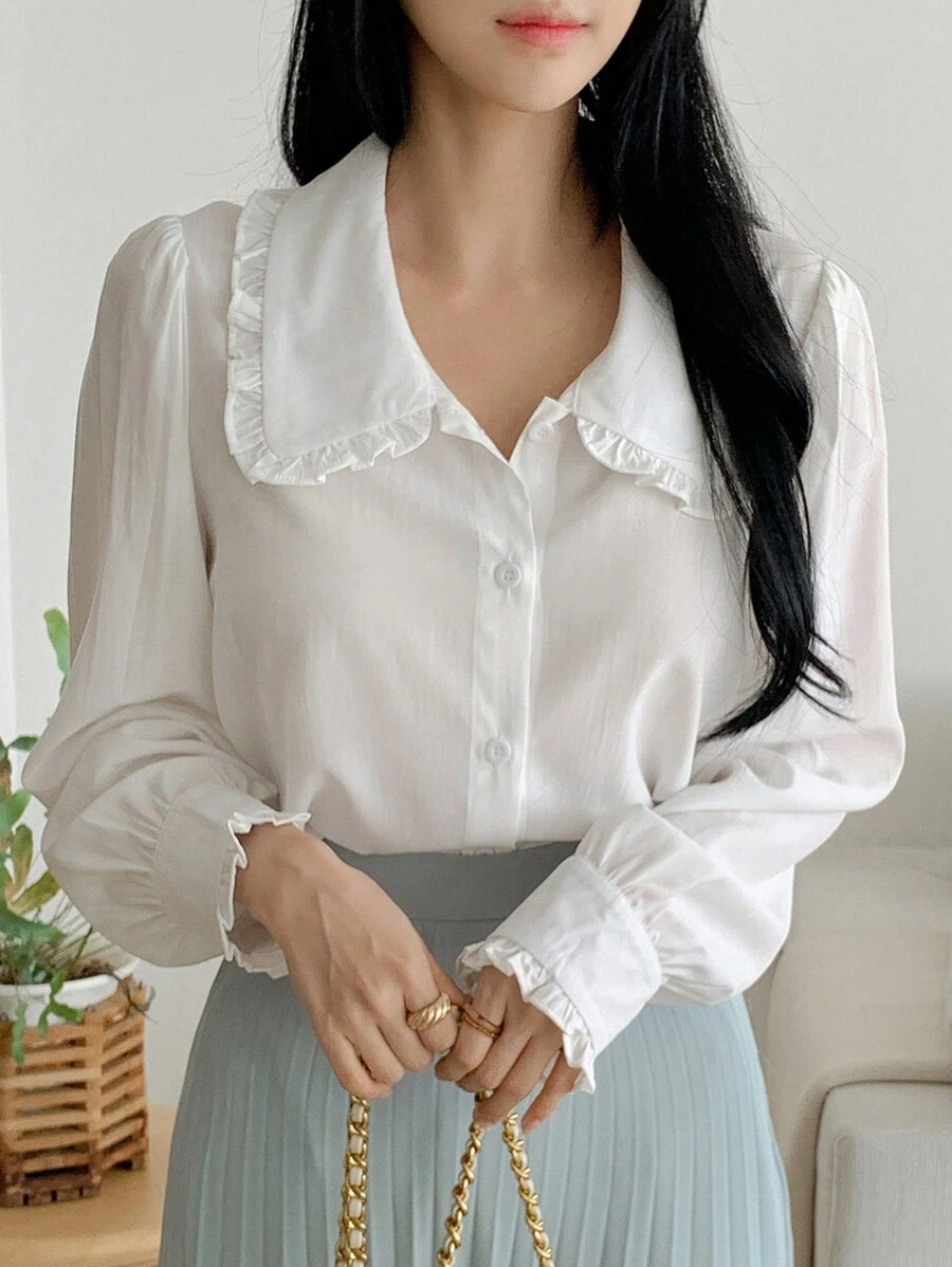 DAZY Peter Pan Collar Loose Fit Open Front Long Sleeve Women Shirt,Long Sleeve Tops Summer