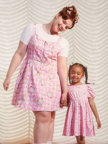 CARDCAPTOR SAKURA | SHEIN Kleine Mädchen 1 Stück Pink Cartoon und Karo Muster Puff Ärmel Kleid