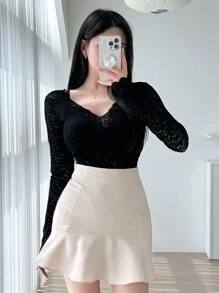 DAZY 女式春夏蕾丝边V领修身长袖透明上衣 - 黑色 - 查看 7