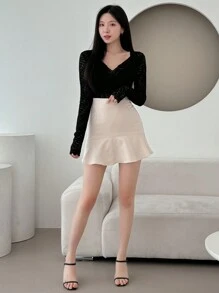 DAZY 女式春夏蕾丝边V领修身长袖透明上衣 - 黑色 - 查看 3