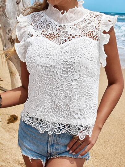 Breezaya Spring/Summer Commuter Stand Collar Lace Cap Sleeve Elegant Women Blouse