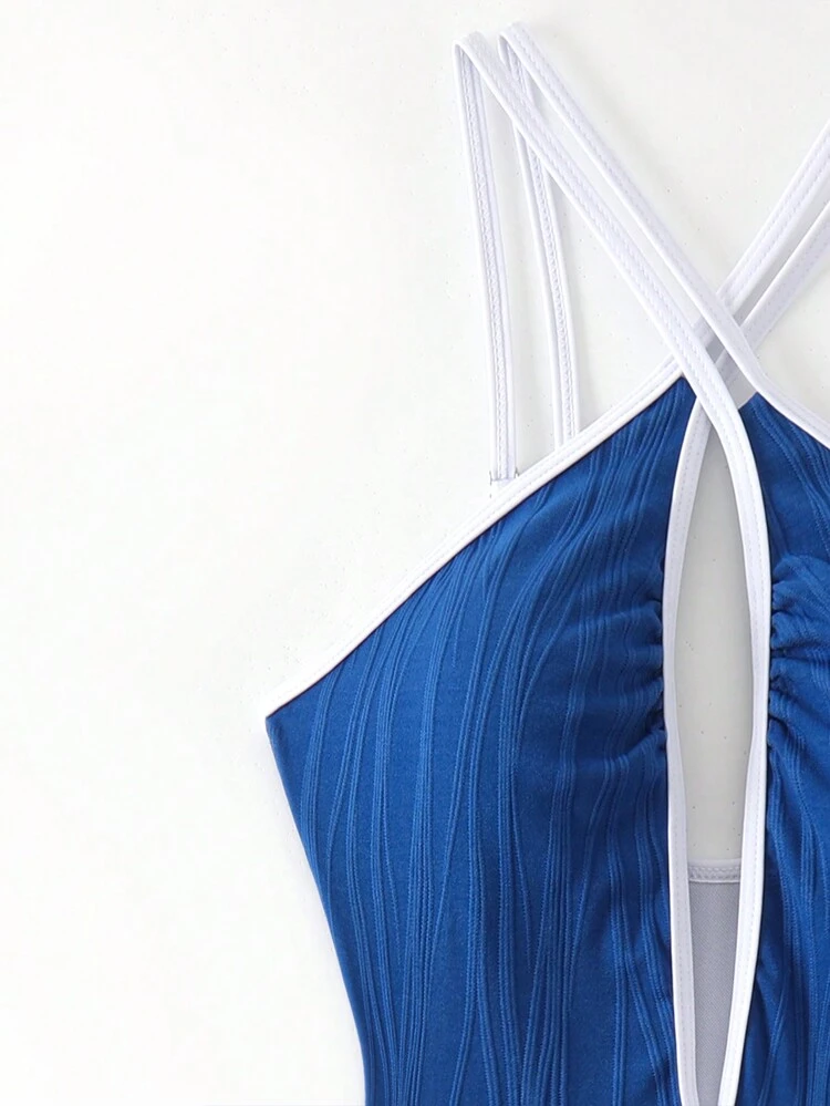 Women Vacation Swimsuit With Hollow-Out Chest, Crossed Halter Neck, Simple And Casual One-Piece Style Summer