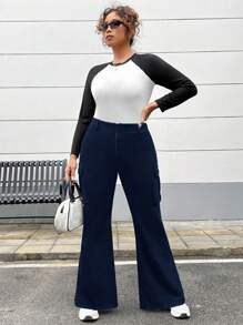 SHEIN EZwear Plus Size Casual Solid Color Cargo Flared Pants - Navy Blue - View 5