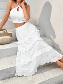 SHEIN Essnce White Patchwork  Skirt With Embroidered Floral Lace Border, Women Skirt For Summer