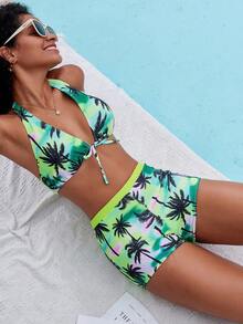 Swim Vcay 女式棕櫚樹印花綁頸比基尼上衣和泳衣短褲，夏季度假海灘比基尼套裝，媽咪和我的配搭服裝（分開售賣） - 彩色 - 查看 4