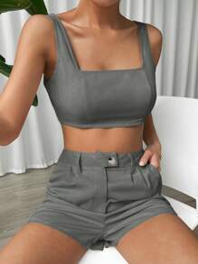 SHEIN EZwear Women Solid Color Simple Style Vest + Short Western-Style Shorts Two-Piece Set For Spring And Summer