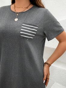 SHEIN LUNE 大尺碼女性夏日圓領短袖深灰色條紋拼接連衣裙 - 灰色 - 查看 3