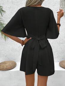 Chiquease Women's Summer V-Neck Solid Color Short Romper With Flare Sleeves And Elastic Waist