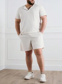 Manfinity Homme 男士大碼夏季純色短袖休閒T恤套裝與口袋短褲 - 杏色 - 查看 6