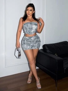 SHEIN SXY x STAS SHEIN SXY Women Summer Country Festival Casual Streetwear Motorbike Bandeau Top And Mini Skirt Set