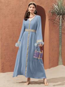 Al Najma Turkish Style Long Dress With V-Neck, Contrast Belt, Fluffy Cuffs And Leather Patchwork, Modest Kaftan