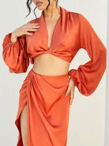 SHEIN Unity Conjunto de dos piezas con blusa de manga farol y falda cruzada