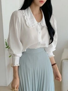 DAZY Peter Pan Collar Loose Fit Open Front Long Sleeve Women Shirt,Long Sleeve Tops Summer