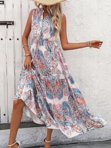SHEIN VCAY Ladies Casual Resort Mặc váy không tay có in hình lông công và đường viền cổ chữ V - Nhiều màu - Xem 6