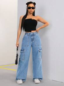 SHEIN ICON 女士工裝寬鬆休閒牛仔褲，有口袋 - 淺色水洗藍 - 查看 3