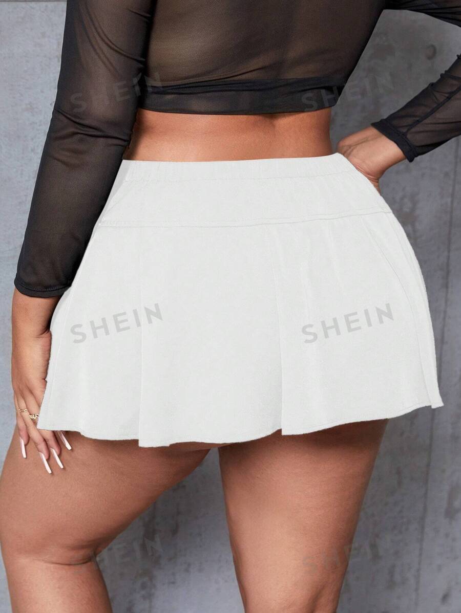 SHEIN SXY Jupe pliss?�e de grande taille de couleur unie ?� fente haute, adapt?�e pour l