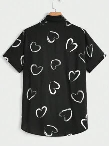Manfinity VCAY Camisa Casual Masculina de Manga Curta Solta e Estampada com Coração para o Verão