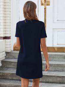 SHEIN LUNE Summer Ladies Stand Collar Smocked Sewing Side Dual Pocket Casual Comfortable Dress