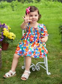 SHEIN Baby Girl Floral Print Puff Sleeve Dress - Multicolor - View 5