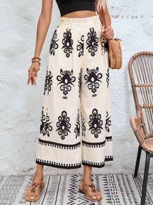 SHEIN VCAY Vacation-Style High-Waisted Wide-Leg Loose-Fit Cropped Pants For Women Beach