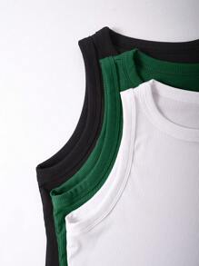 EMERY ROSE Women Solid Color Round Neck Ribbed Hollow Out Sleeveless Top - Multicolor - View 4