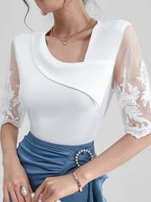 Modelyn Ladies' Asymmetric Neckline Contrast Mesh Summer T-Shirt Graphic Tees Women Tops