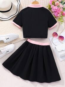 Tween Girl Summer Black & Pink Colorblock Shirt And Skirt Set - Black - View 2