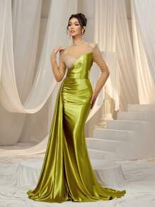 Faeriesty Rhinestone Detail Mock Neck Contrast Mesh Satin Formal Dress Elegant Long Sleeve Prom Evening Wedding Guest Gown, For Graduation, Dinner