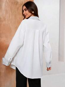 GENKIRA Mujeres blusa primavera/verano de manga larga con rayas impresas - Blanco - Ver 2