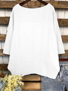 Women's Plain Asymmetrical Round Neck Shirt With Pocket