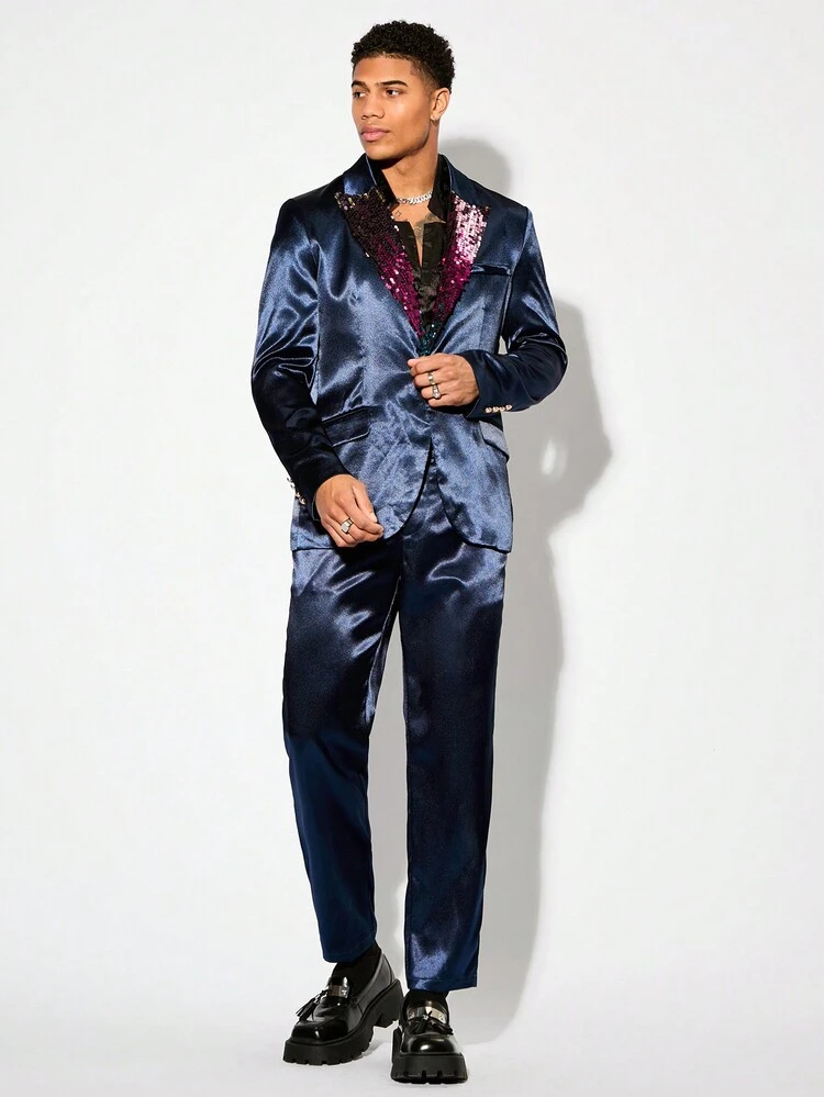 Men Business Casual Glitter Party Nightclub Suit Featuring Woven Color-Blocking And Sequin Details, Jacket And Pants Two-Piece Set, Fashion Men Clothes