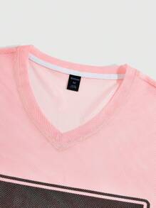 ROMWE MEN Prep Men Summer Short Sleeve V-Neck Digital Print Casual Jersey T-Shirt, School - Pink - View 4