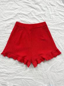 Soleia WYWH Women Holiday Cute Low Waist Textured Ruffled Hem A-Line Beach, Bohemian Music Festival Summer Outfit Red Shorts - Red - View 2