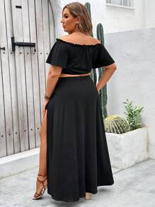 SHEIN VCAY Fashionable Plus Size Women Solid Color Off Shoulder Top And Skirt Set