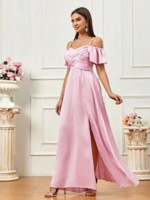 SHEIN Belle Elegant Satin Side Slit Bridesmaid Dress  Wedding Guest Summer - Baby Pink - View 3