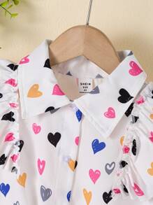 Camisa de algodón con estampado de corazones en todo el Body y ribete con volantes para brazos, linda para niñas jóvenes durante la primavera y el verano - Multicolor - Ver 5
