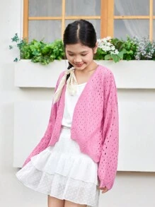 Tween Girl Cover Up Loose Hollow Out Mesh Open Front Tie-Front Cardigan For Vacation - Pink - View 5