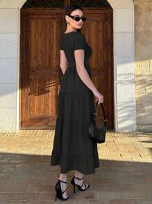 Siren Gaze 女士純色方領短袖長款休閒裙，適合夏季度假和休閒活動 - 黑色 - 查看 2