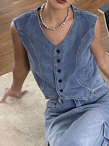 DAZY Solid Color Sleeveless V-Neck Fitted Women Denim Jacket
