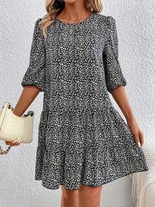 SHEIN LUNE 女士夏季鬆身豹紋印花圓領泡泡袖裙裝，帶襯邊的下擺