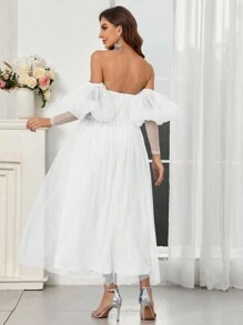 SHEIN Belle Elegant And Romantic Princess Dress, Strapless Bubble Sleeves, Net Yarn And Bright Shiny Material, Women Cocktail Party Dress - White - View 2