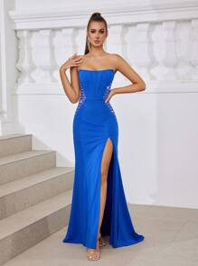 SHEIN Belle Strapless, Boned Structure, Rhinestone Decor Contrast Mesh Dress With Slimming Effect. High Slit, Mermaid Hem, Trailing Hemline Ladies Evening Party Dress (Heavily Tailored) Formal Ball Gown For Women - Blue - View 3