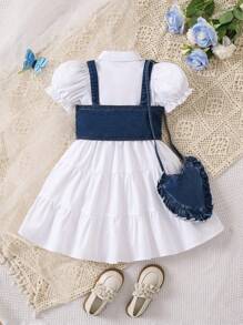 SHEIN Vintaside Kids Young Girl Summer Solid Color Short Puff Sleeve Shirt Dress And Camisole Vest Casual Two-Piece Set