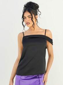 SHEIN Haute Top de tirantes suelto de satén con cuello asimétrico para verano - Negro - Ver 3