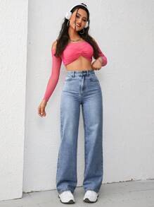SHEIN Unity Pantalones de mezclilla básicos para mujeres con decoración de botones de unicolor para uso diario - Azul lavado medio - Ver 2
