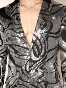 FeverCity Men Full Printed Sequin Long-Sleeved Jacket + Trousers Suit - Silver - View 4