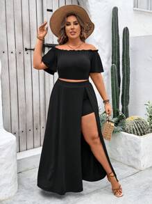 SHEIN VCAY Fashionable Plus Size Women Solid Color Off Shoulder Top And Skirt Set