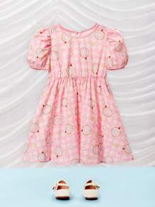CARDCAPTOR SAKURA | SHEIN Kleine Mädchen 1 Stück Pink Cartoon und Karo Muster Puff Ärmel Kleid
