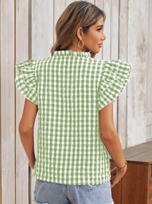 SHEIN LUNE Camisa para mujer casual de cuadros de doble capa con mangas tipo gorra y cuello en V con muesca, en dos colores - verde menta - Ver 2