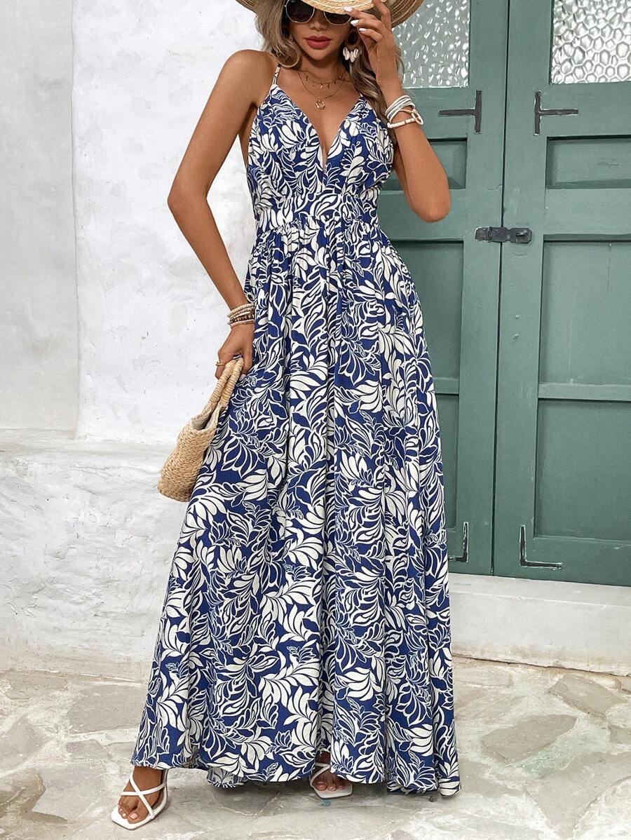 SHEIN Frenchy Vestido de verano para mujer con tirantes cruzados sin mangas, vestido largo de gran tamaño, vestido largo de primavera para vacaciones, vestido largo de lino verde transpirable y cómodo, escote en V frontal y posterior sin espalda con lazo opcional, elegante vestido largo - Azul - Ver 1